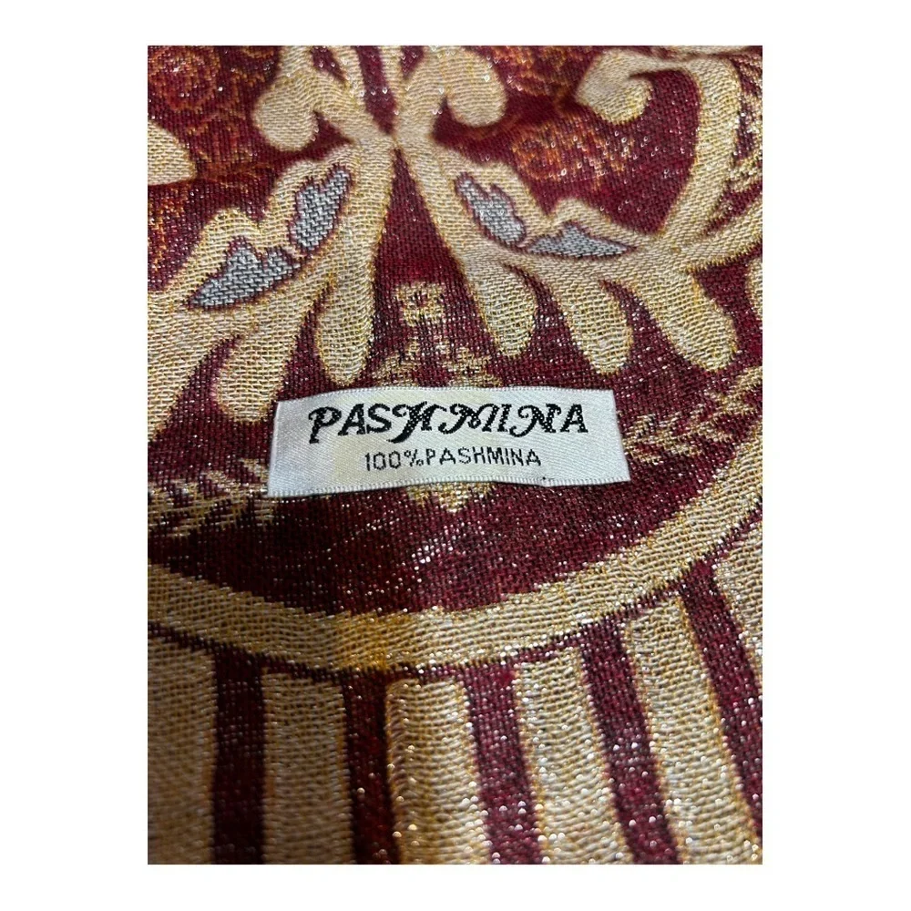 Pashmina Indie’s Fine Wool Scarf Burgundy Metallic Fringe Lightweight Neck Wrap